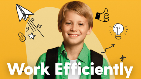 marketing image from the platform's website of kid surrounded by school-related graphics